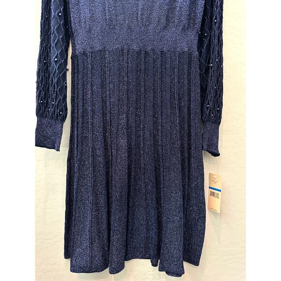NANETTE LEPORE Navy Metallic Knit Dress Long Sleeve Pearl Party Cocktail NWT XL - Picture 5 of 9